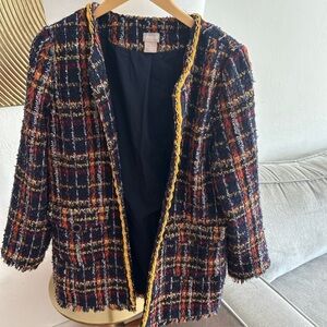 Vintage Chicos Tweed Multicolor Preppy Holidays Chain Open Coat Size 1